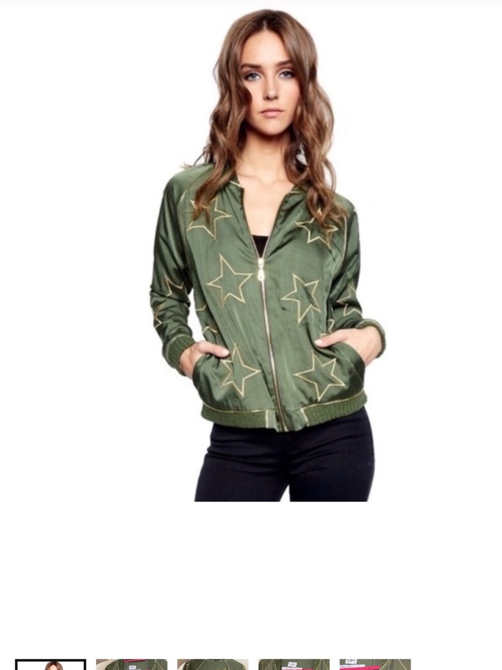 Lauren Moshi Green Satin Bomber Jacket with Gold Star Accents